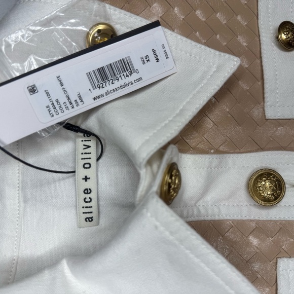 Alice + Olivia Kinley Woven Vrgan Leather Elegant Cream Jacket with Gold Accent. - Picture 15 of 17